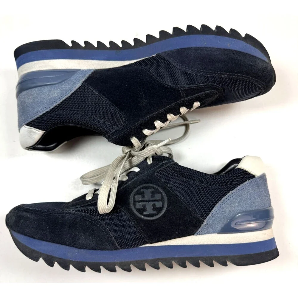 Tory Burch Sawtooth Suede Sneakers Women's Size 8.5M Shoes Blue Colorblock